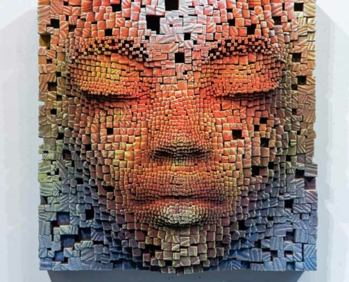 Mask #15 | Pixelated wood wall sculpture | 41x23x41cm | Gil Bruvel